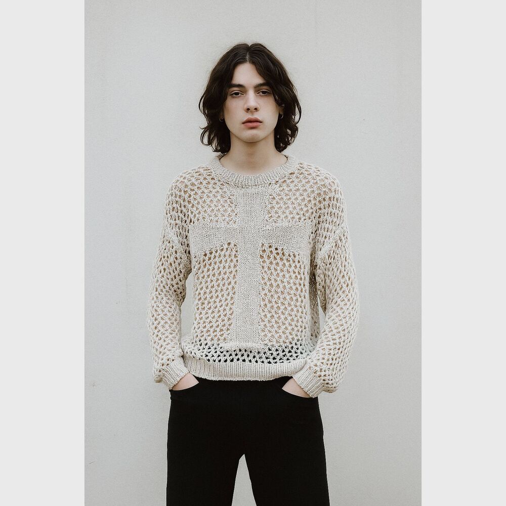 RACER WORLDWIDE Beige Cross Mesh Pullover Sweater Top  Mens Size Small